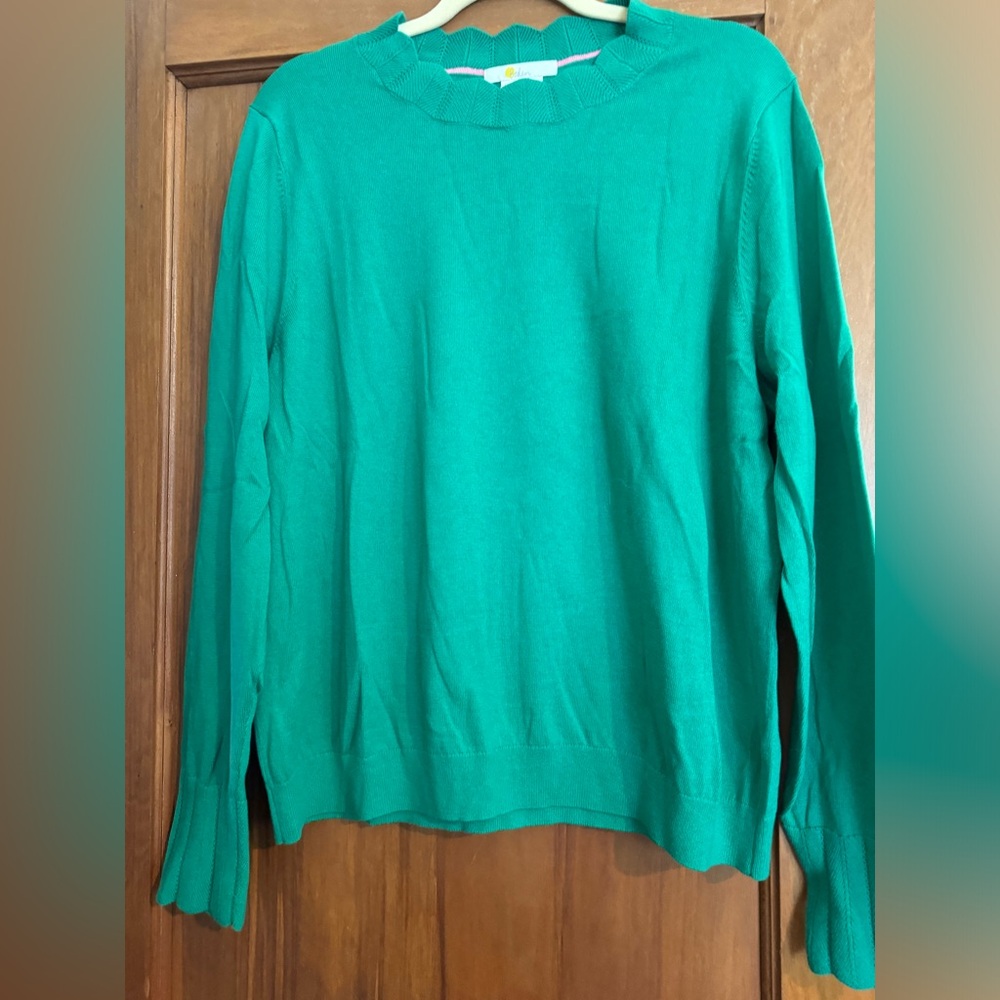 Boden Green Women's Sweater with Scalloped Neck and Sleeves